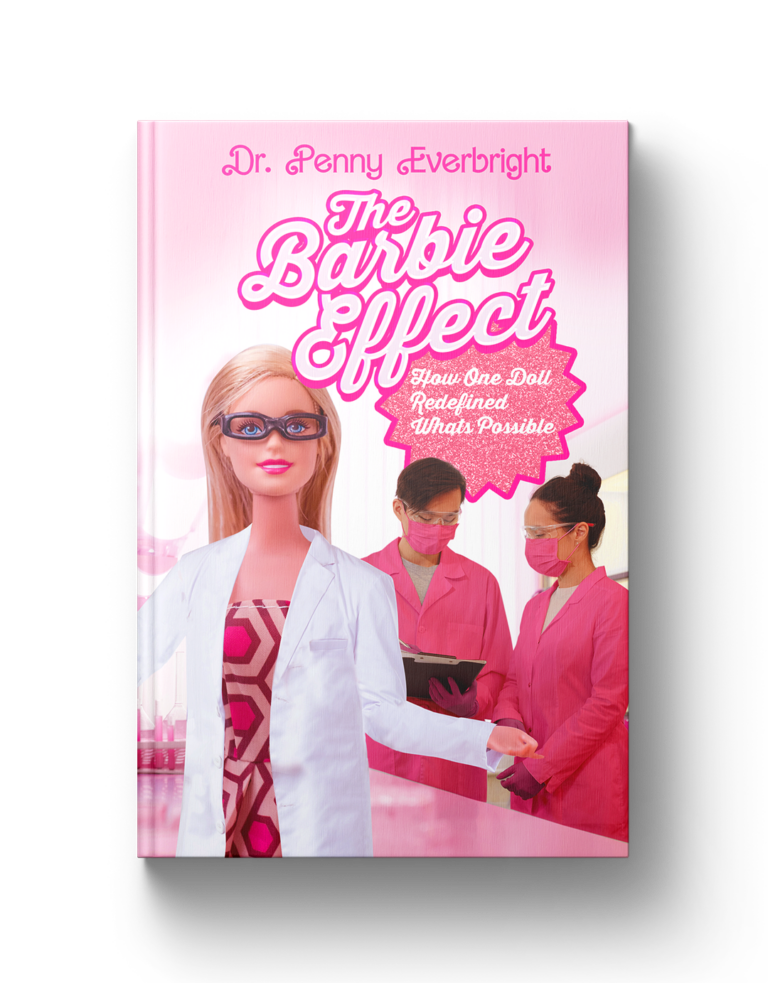 Bright pink themed Barbie Impact book cover with dolls and healthcare professionals, emphasizing redefining beauty.