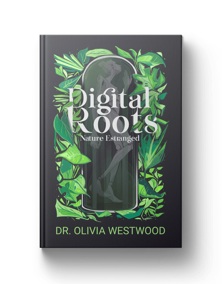 Digital Roots book cover with green foliage and a silhouette of a woman, focusing on nature and personal growth.