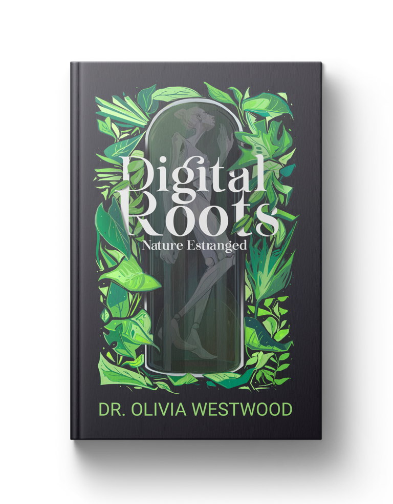Digital Roots book cover with green foliage and a silhouette of a woman, focusing on nature and personal growth.