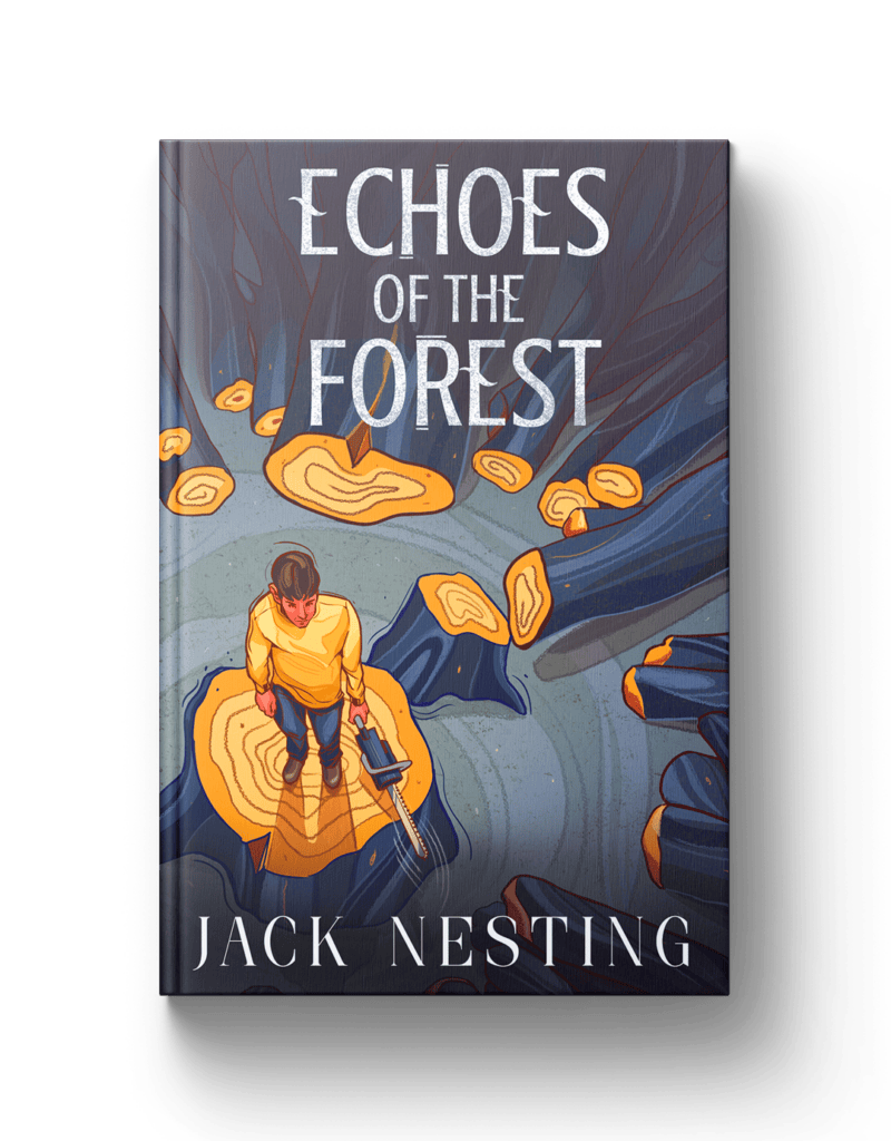 1. Illustriated book cover for "Echoes of the Forest" by Jack Nesting, nature-themed artwork.