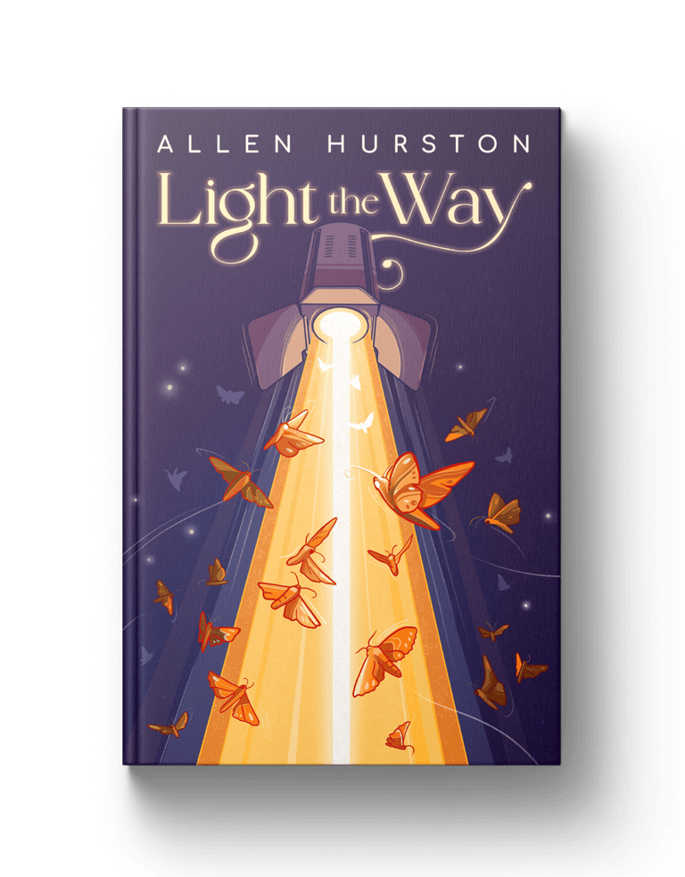 Colorful book cover art for "Light the Way" by Allen Hurston featuring butterflies and a lamp.