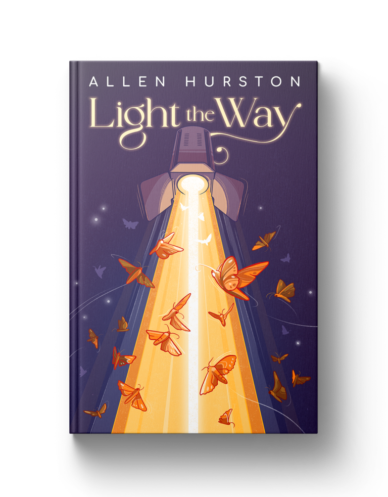 Colorful book cover art for "Light the Way" by Allen Hurston featuring butterflies and a lamp.