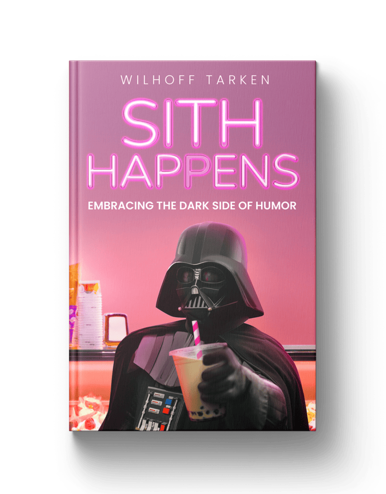 A humorous book cover featuring Darth Vader with a bubble tea, neon pink text, and a playful dark humor theme.