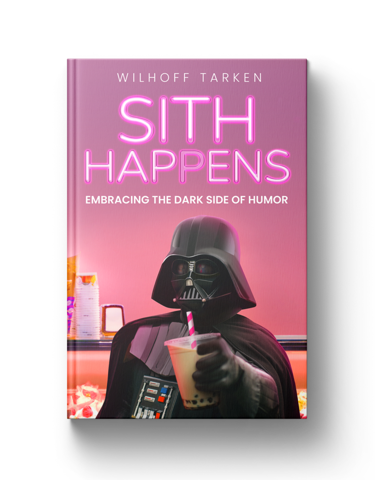 A humorous book cover featuring Darth Vader with a bubble tea, neon pink text, and a playful dark humor theme.
