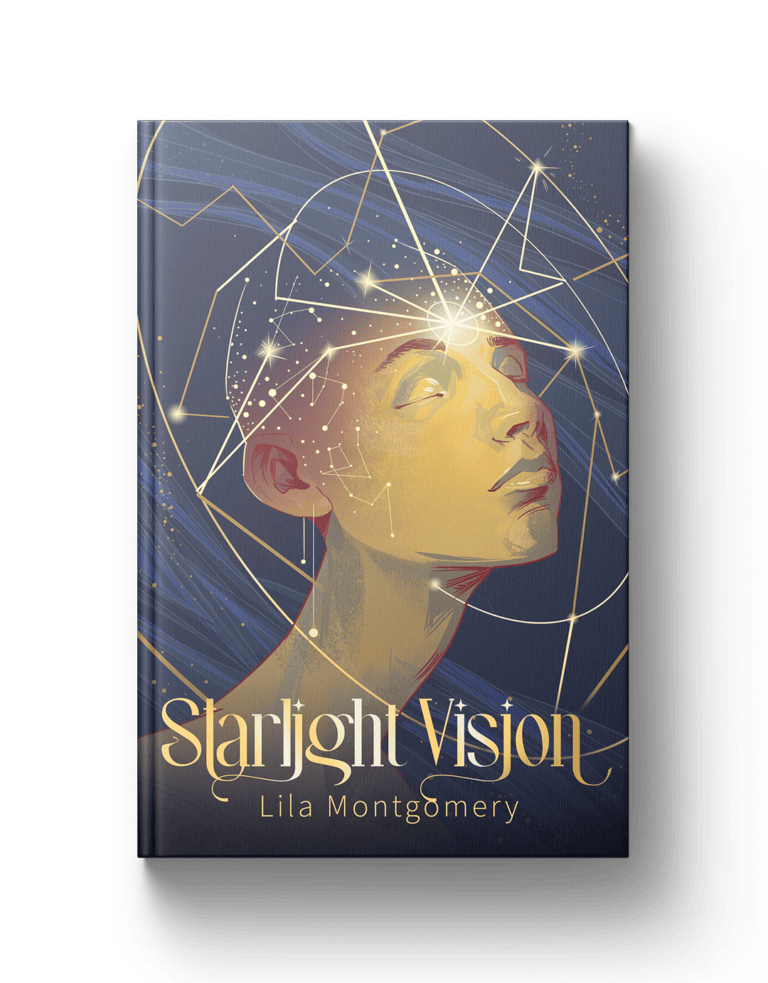 Illuminated woman's face with constellation art for Starlight Vision book cover design.