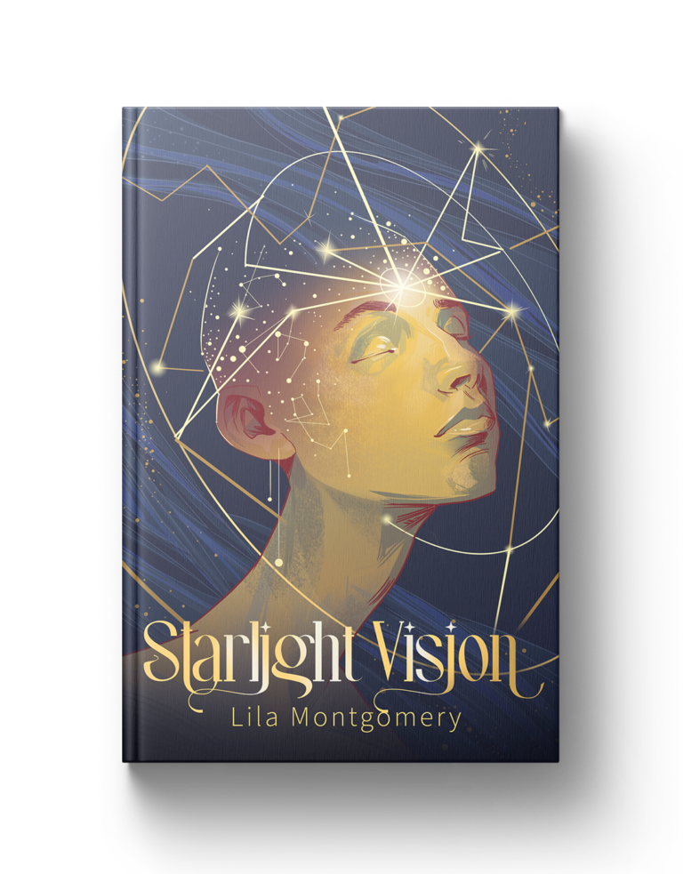 Illuminated woman's face with constellation art for Starlight Vision book cover design.