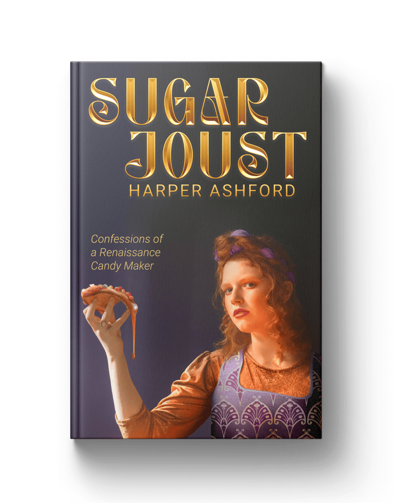 A woman with red hair holding a candy, book cover titled "Sugar Joust" by Harper Ashford.