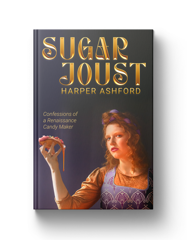 A woman with red hair holding a candy, book cover titled "Sugar Joust" by Harper Ashford.