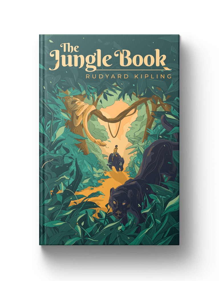 Vibrant jungle book illustration featuring lush greenery, wild animals, and adventure scene.