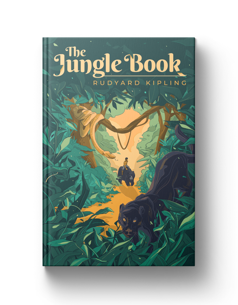 Vibrant jungle book illustration featuring lush greenery, wild animals, and adventure scene.