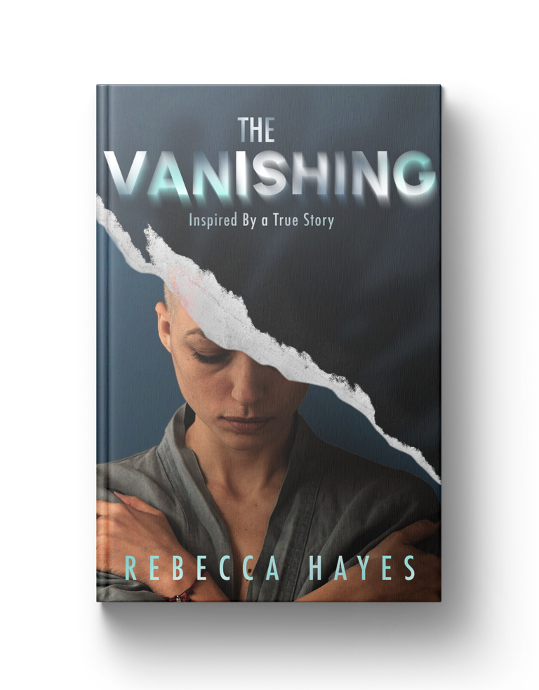 Lost face of a woman with torn paper effect, modern book cover design, emotional portrait, inspiring story.