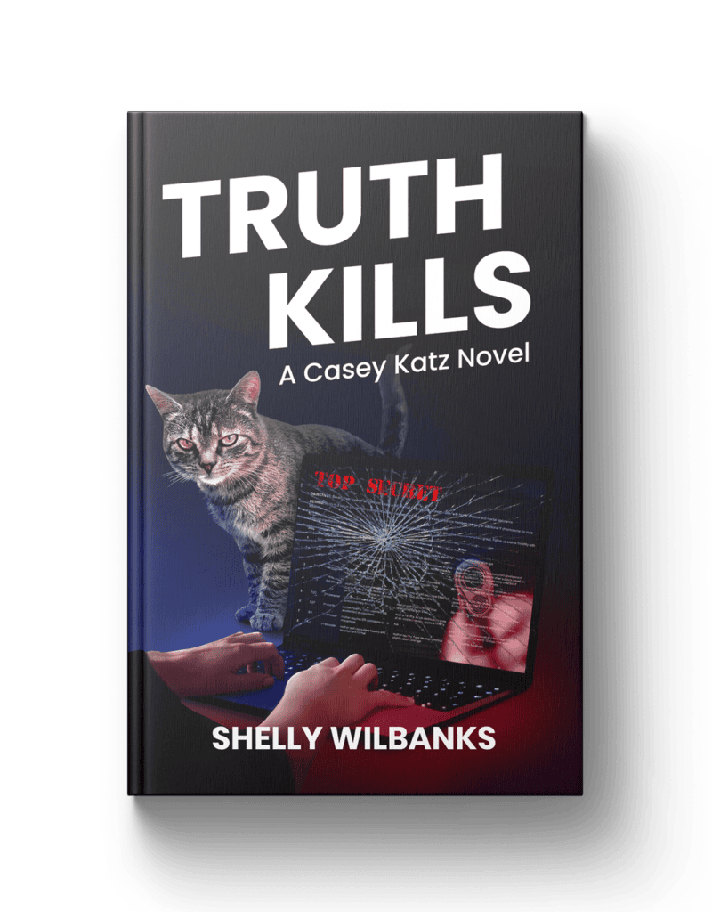 Mystery novel cover featuring a cat and shattered screen, emphasizing suspense and intrigue.