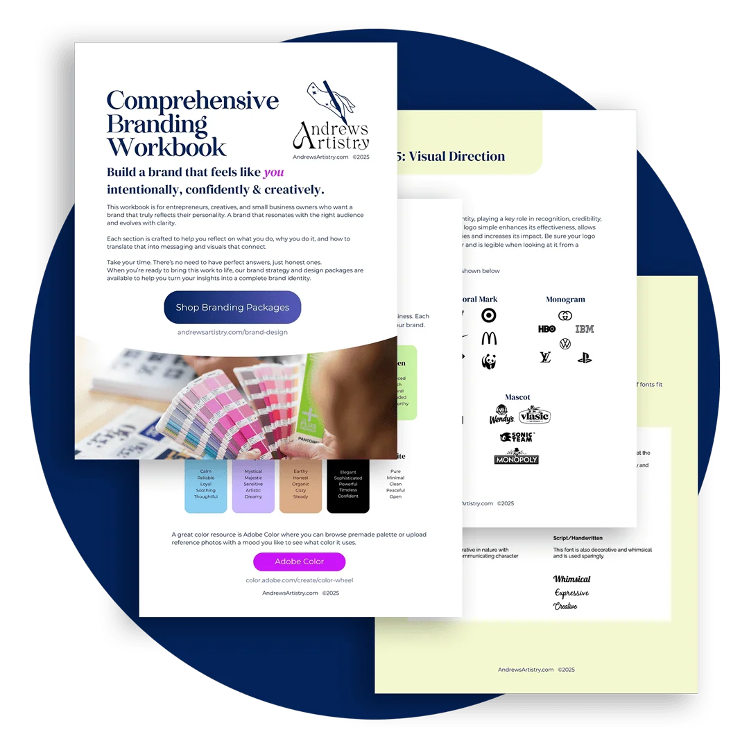 Bright branding workbook cover with color palette and logo design tools.