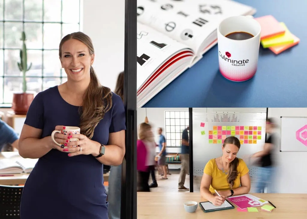 Creative woman enjoying coffee at Andrews Artistry, a professional art and design studio.