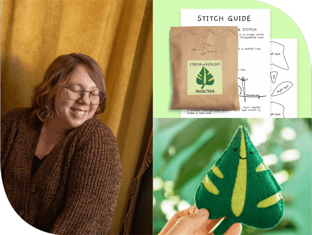 Cheerful woman with glasses smiling, warm gold curtain background, cozy arts vibe.