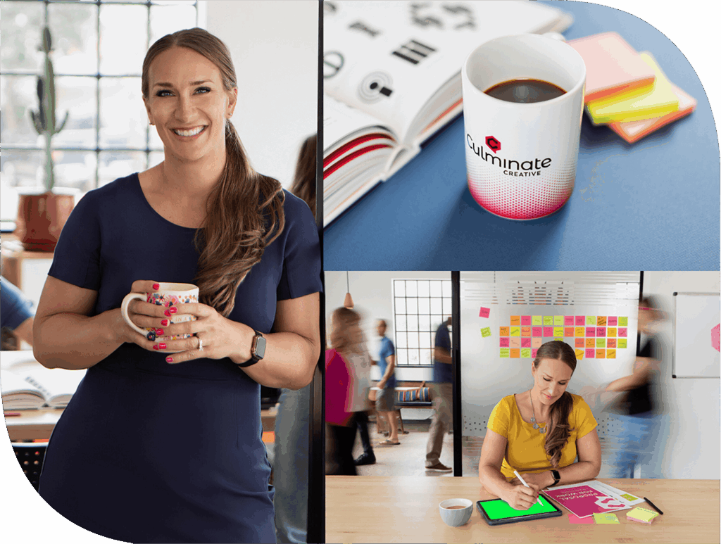 Bright woman holding coffee mug at creative workspace, showcasing Andrews Artistry branding and professional environment.