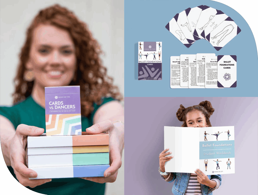 Elegant dance educator holding colorful deck of dance cards, showcasing ballet experience and teaching tools.