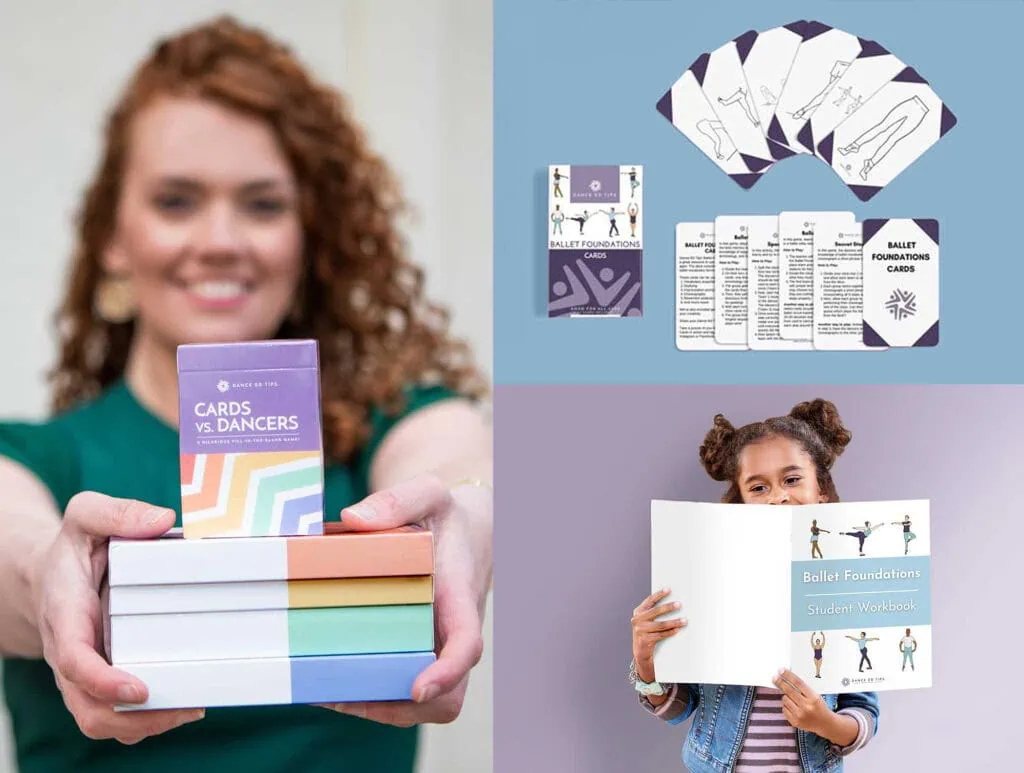Dancer holding colorful dance game cards for ballet education and fun activities.