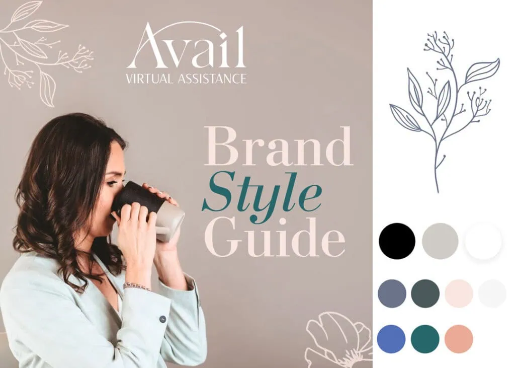Elegant woman drinking coffee, branding style guide for Andrews Artistry, virtual assistance, professional branding, color palette.