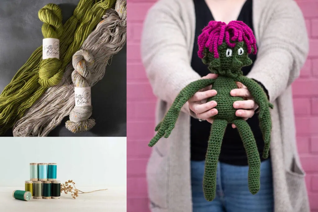 Bright green and neutral yarn skeins for knitting, perfect for creating unique handmade textiles.