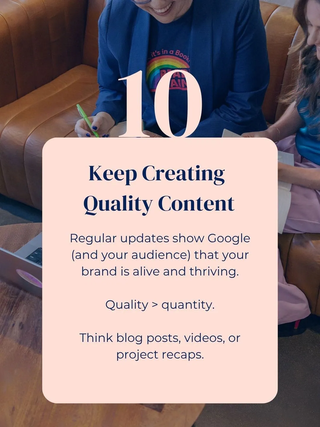 Website SEO tip encouraging consistent quality content creation