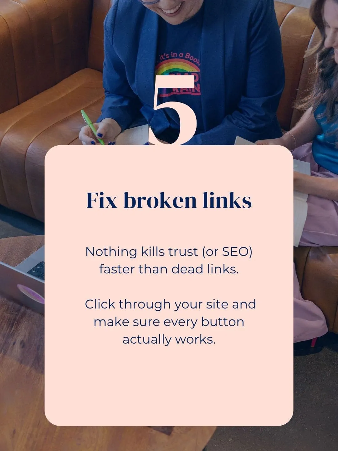 Website SEO tip about fixing broken links to improve trust and rankings