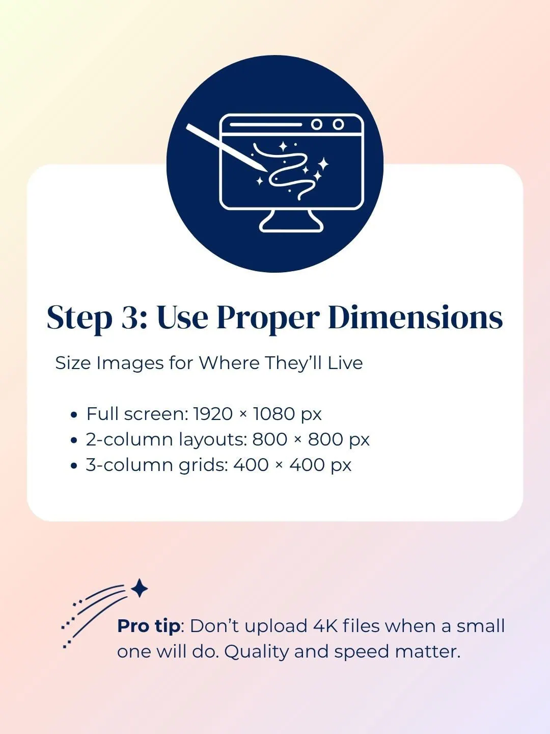 Recommended image dimensions for full-screen, two-column, and grid layouts