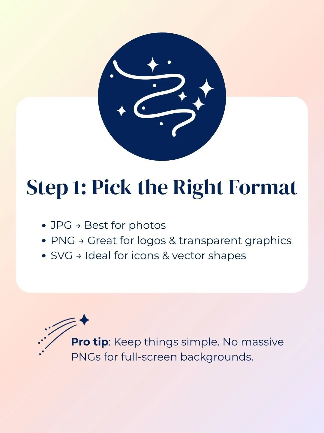 Guide to choosing image formats for web use including JPG, PNG, and SVG