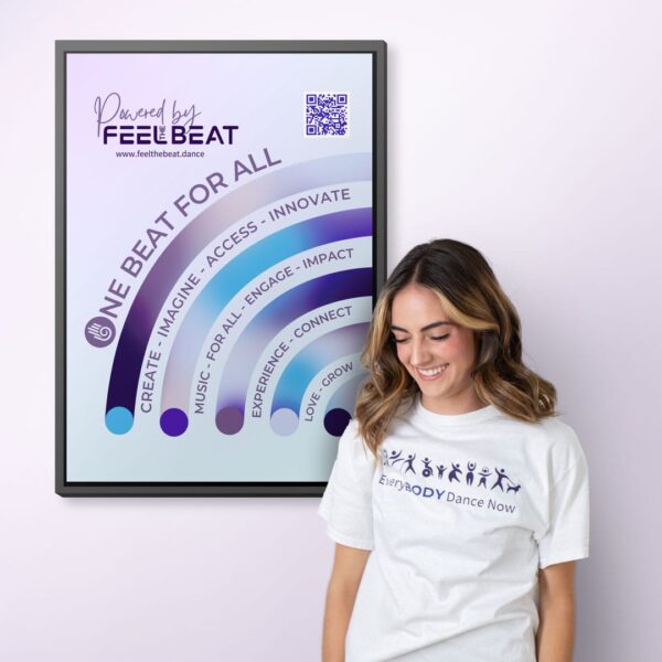 Feel the Beat merch shirt on teacher standing in front of custom brand poster